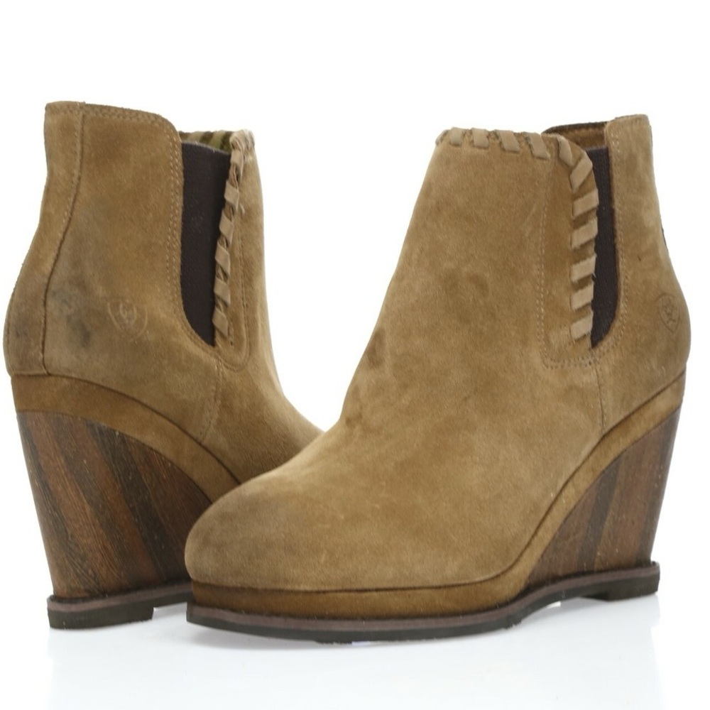 “Ariat” Belle Wedge Tan Suede Ankle Boots